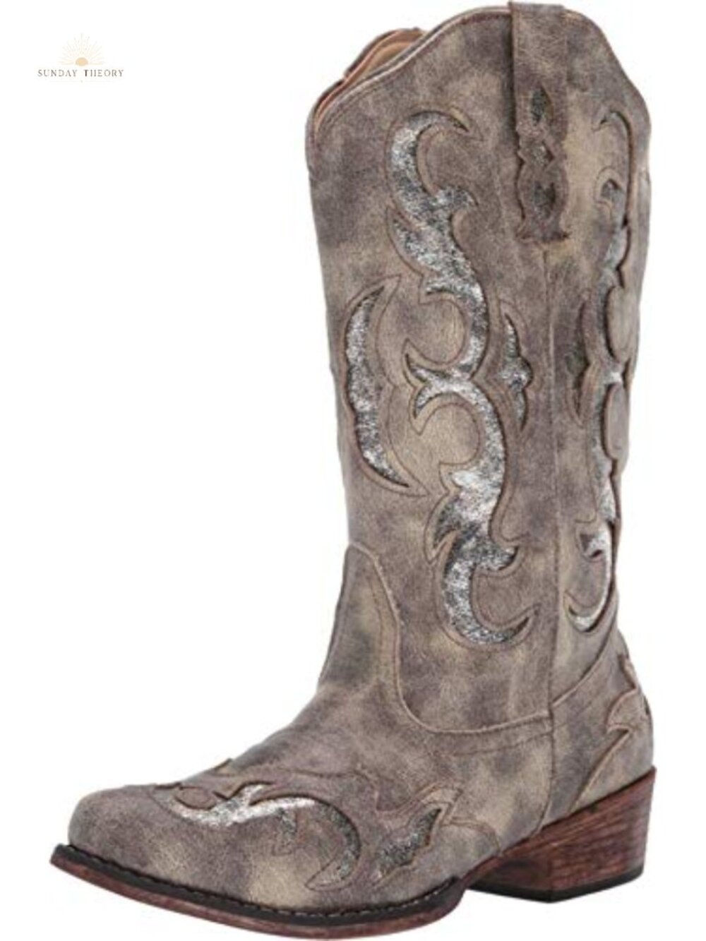 Faux Leather Snip Toe Pull-On Boots 12-Inch Shaft Cushioned Insole Glitter